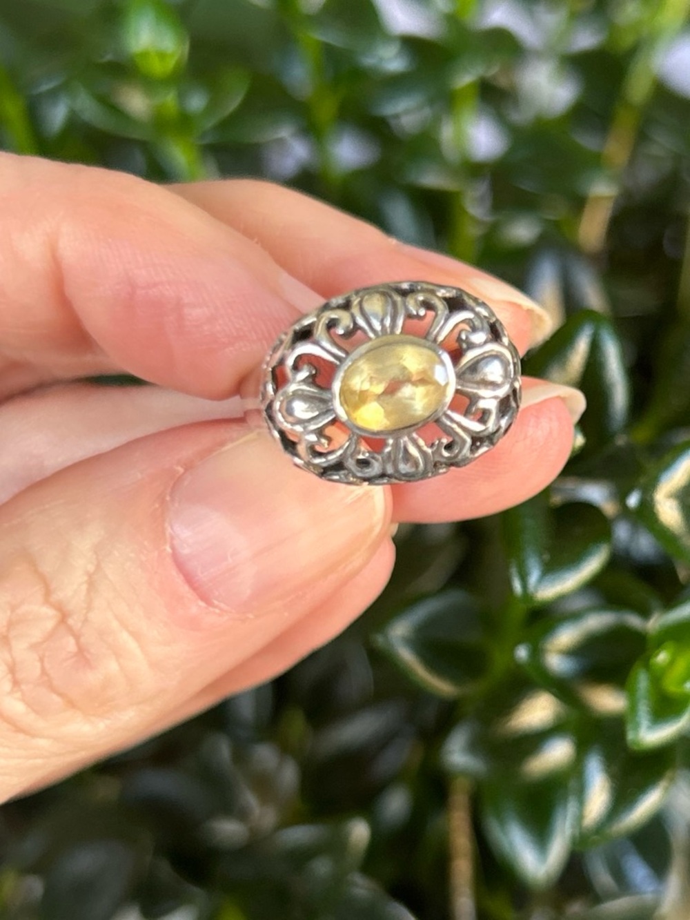 Vintage Sterling Silver Scrolled High Top Citrine Ring